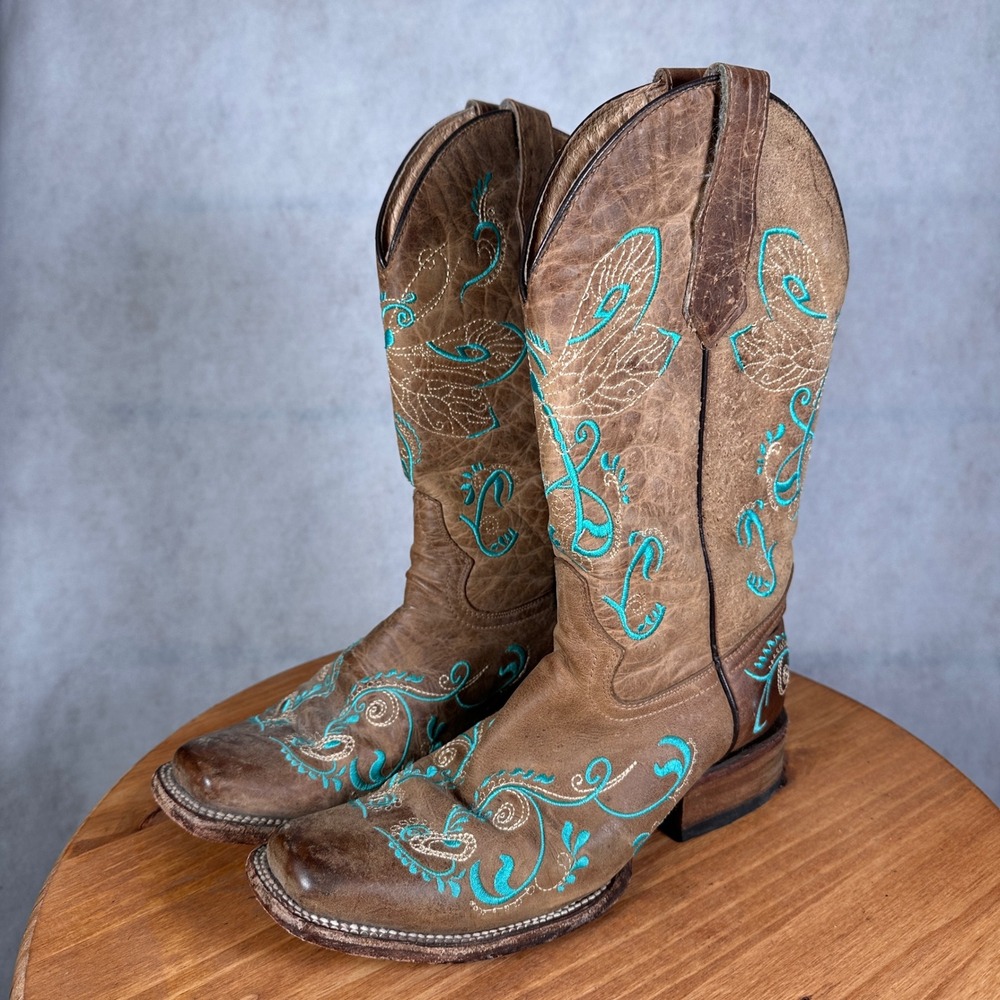 Circle G Cowboy Boots Women 8 Brown Good Turquoise Embroidered L5123 Square Toe